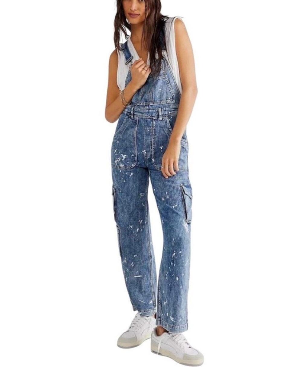 Free People Sutton Utility Overalls Blue Denim Paint Splatter Size Small